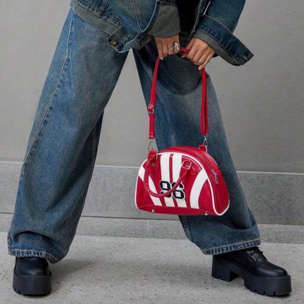Red and White Striped Dome Satchel Bag w. '96' Patch - Picture 6 of 11